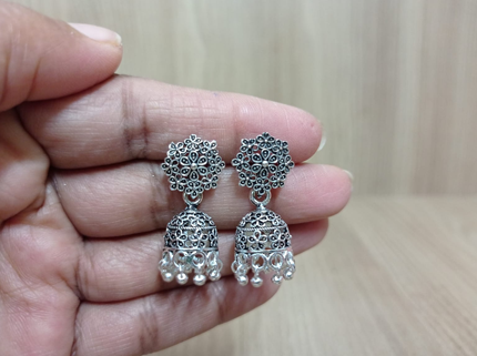 Buy Parrot Green Stone Oxidised Silver Small Jhumka Earrings Online – The  Jewelbox